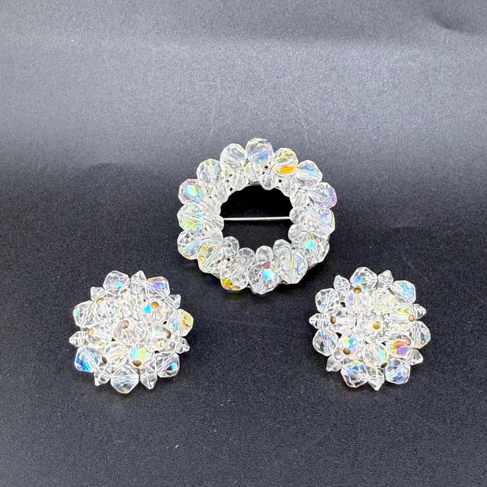Vintage Estate Brooch Earrings Set Silver AB Rhinestone Wreath Iridescent